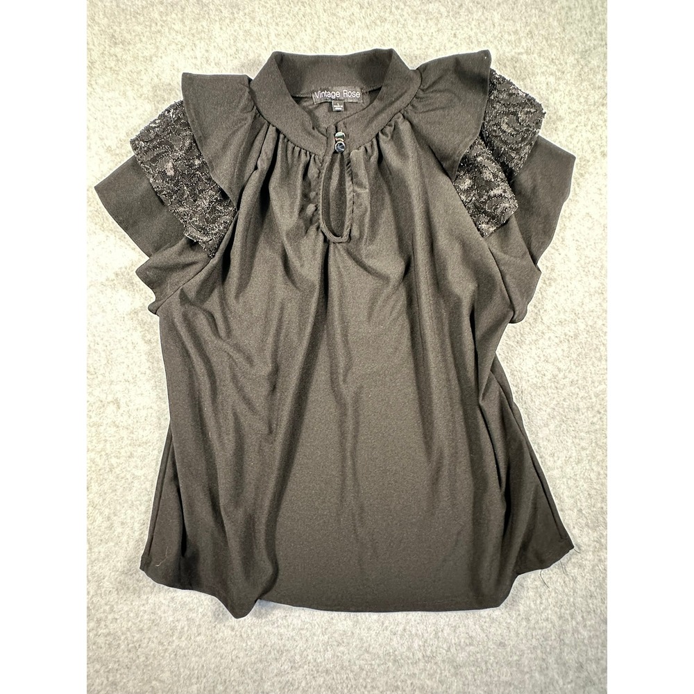 Vintage Rose Womens Black Ruffle Lace Shoulder Keyhole Blouse Top Large